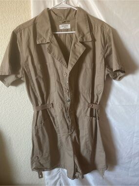 Zenana Outfitters Short Sleeve Utility Romper Dress in Khaki